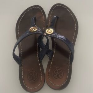 Tory Burch blue Cameron metallic leather logo sandal navy